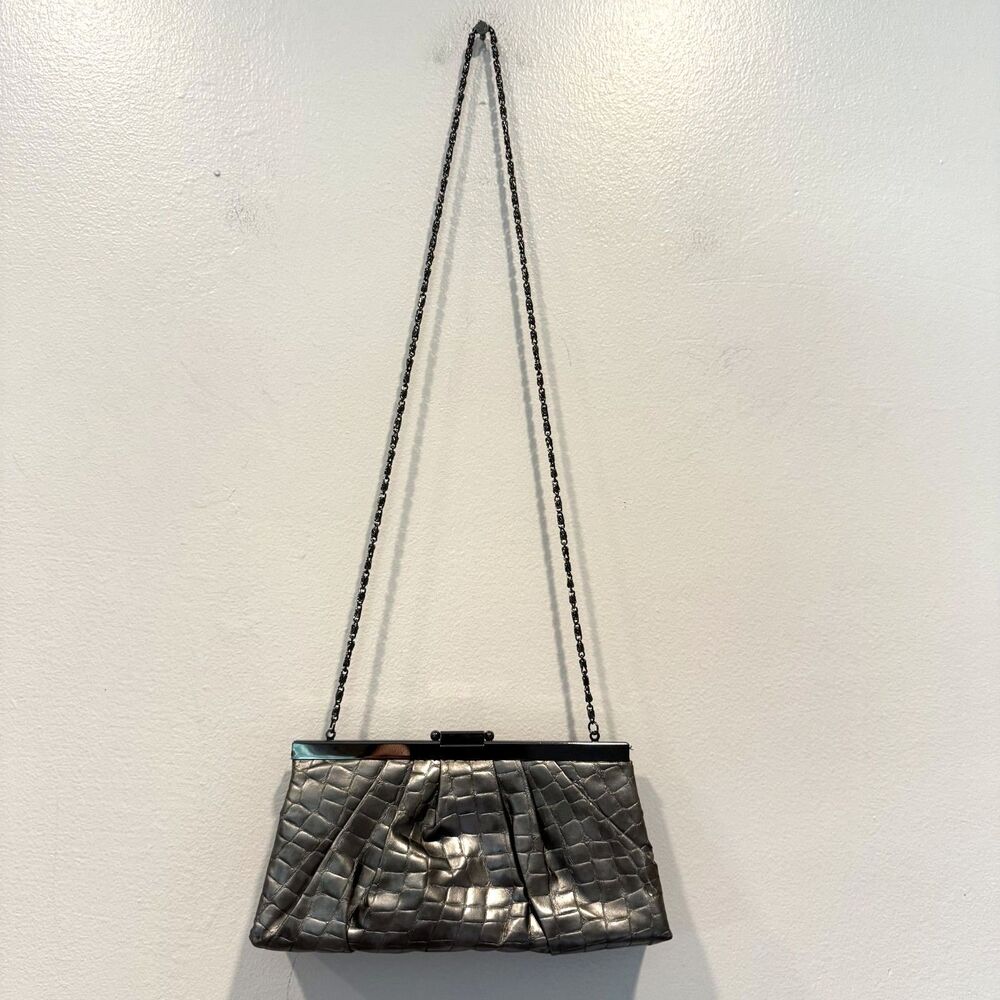 Jessica McClintock Clutch Gunmetal Croc Emboss Chain Shoulder Bag Evening Purse